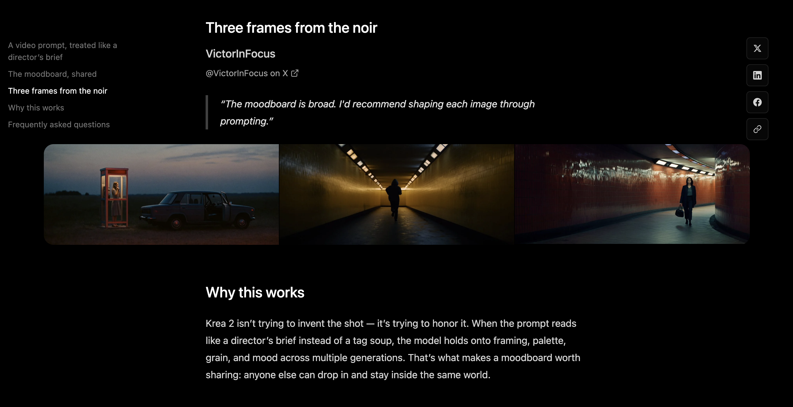 Screenshot from the Krea article showing three London-noir frames and its explanation of why the workflow remains visually coherent.