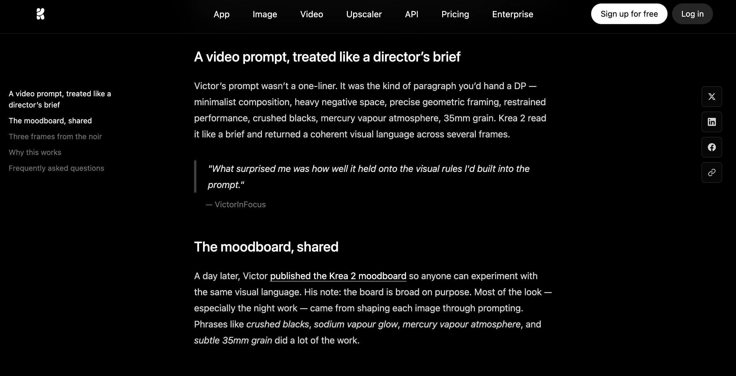 Screenshot from the Krea article describing the director-style prompt and the shared Krea 2 moodboard.
