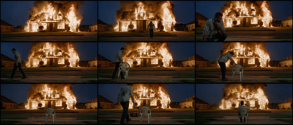 Nine-panel cinematic storyboard showing a bruised man arrive outside a burning suburban home, carry out a white chair and a crate of beer, and sit facing the fire.