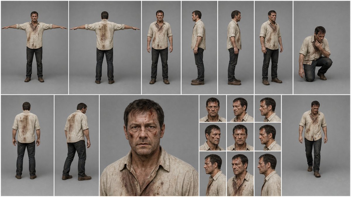 Character reference sheet showing the film's bruised male lead in full-body front, rear and profile views, crouching poses, a portrait and a sequence of head turns.