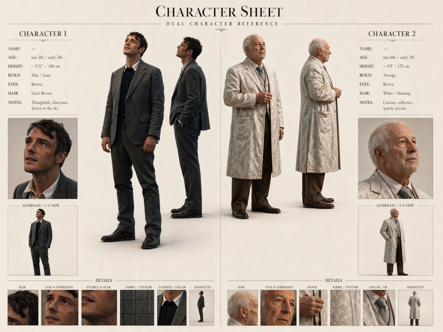 Character reference sheet showing full-length, profile and portrait views of a younger man in a dark suit and an older man in a patterned pale coat.