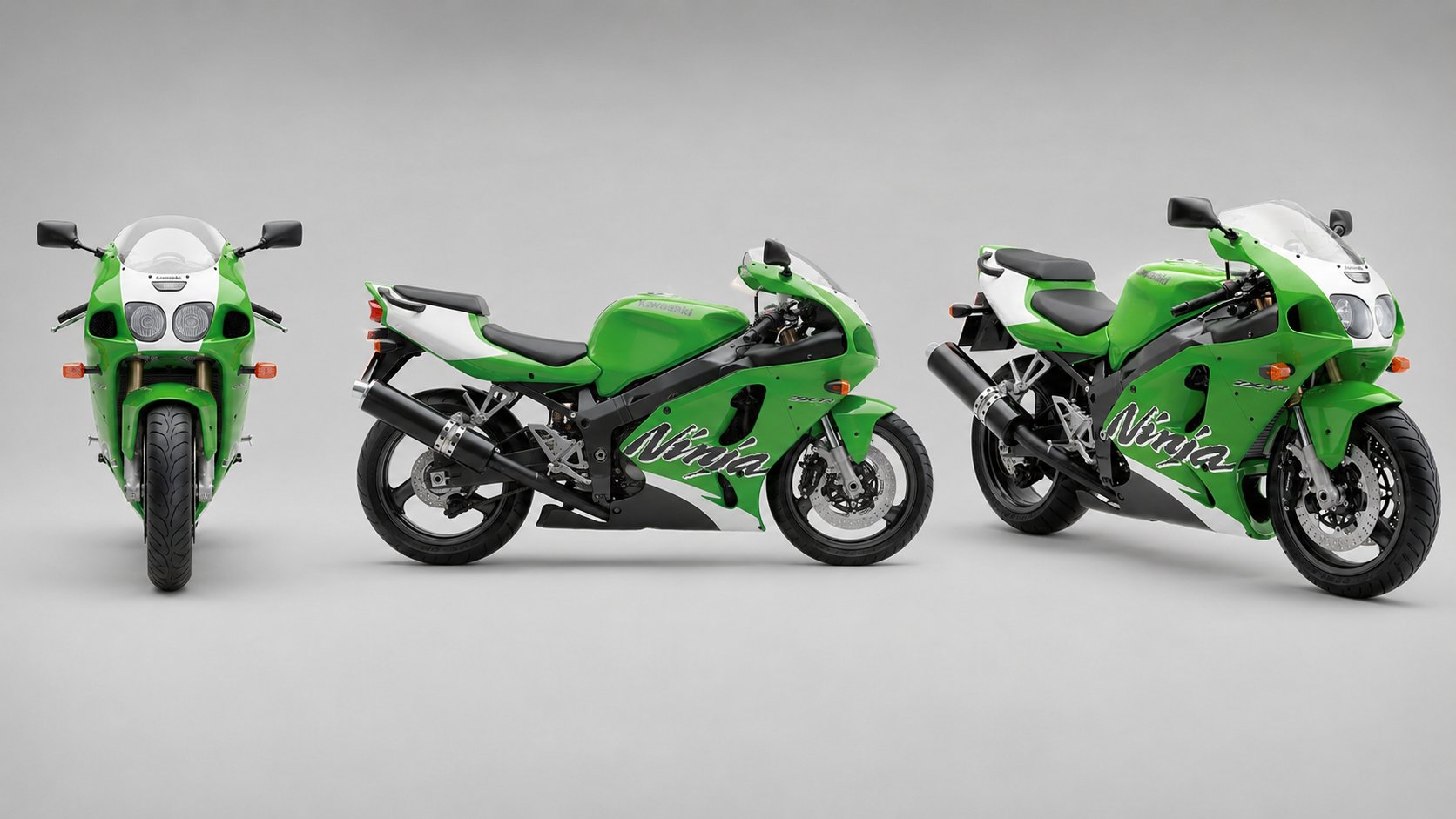 Mid-1990s Kawasaki Ninja multi-angle vehicle reference sheet.