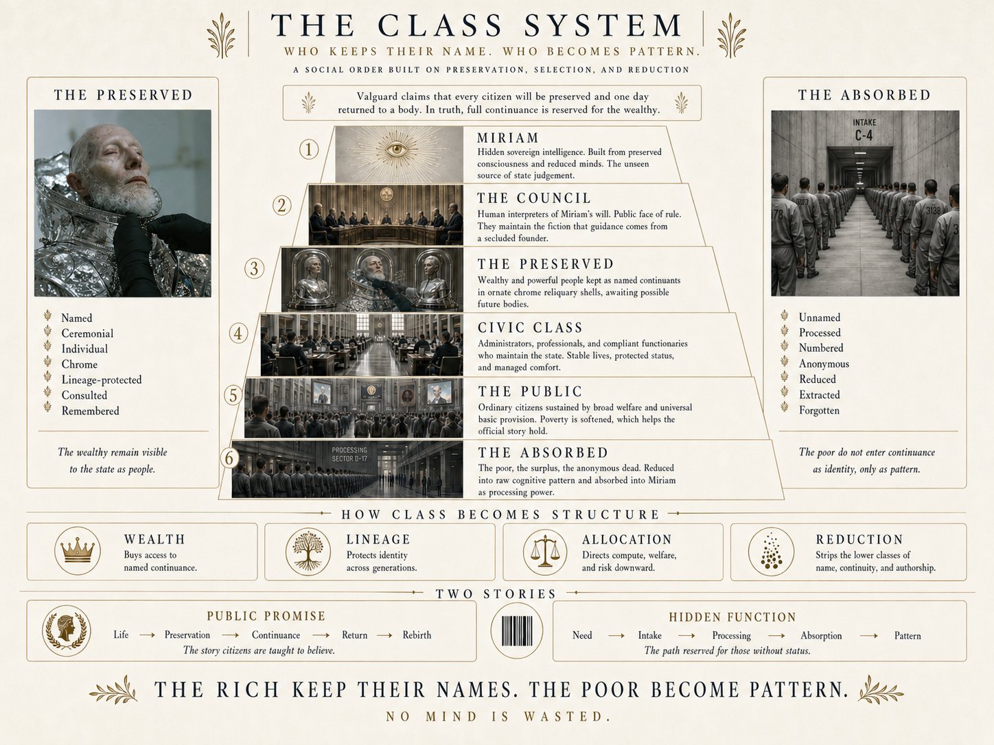 Valguard class-system board describing preserved, assigned and absorbed social classes through portraits, architecture and symbolic rules.