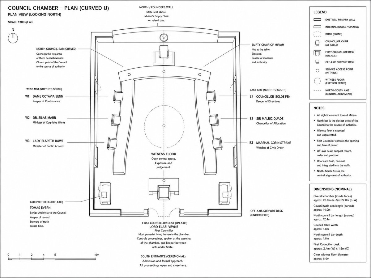 Annotated overhead floor plan of the Council chamber, showing its curved seating, central dais, entrances, sight lines and lighting positions.