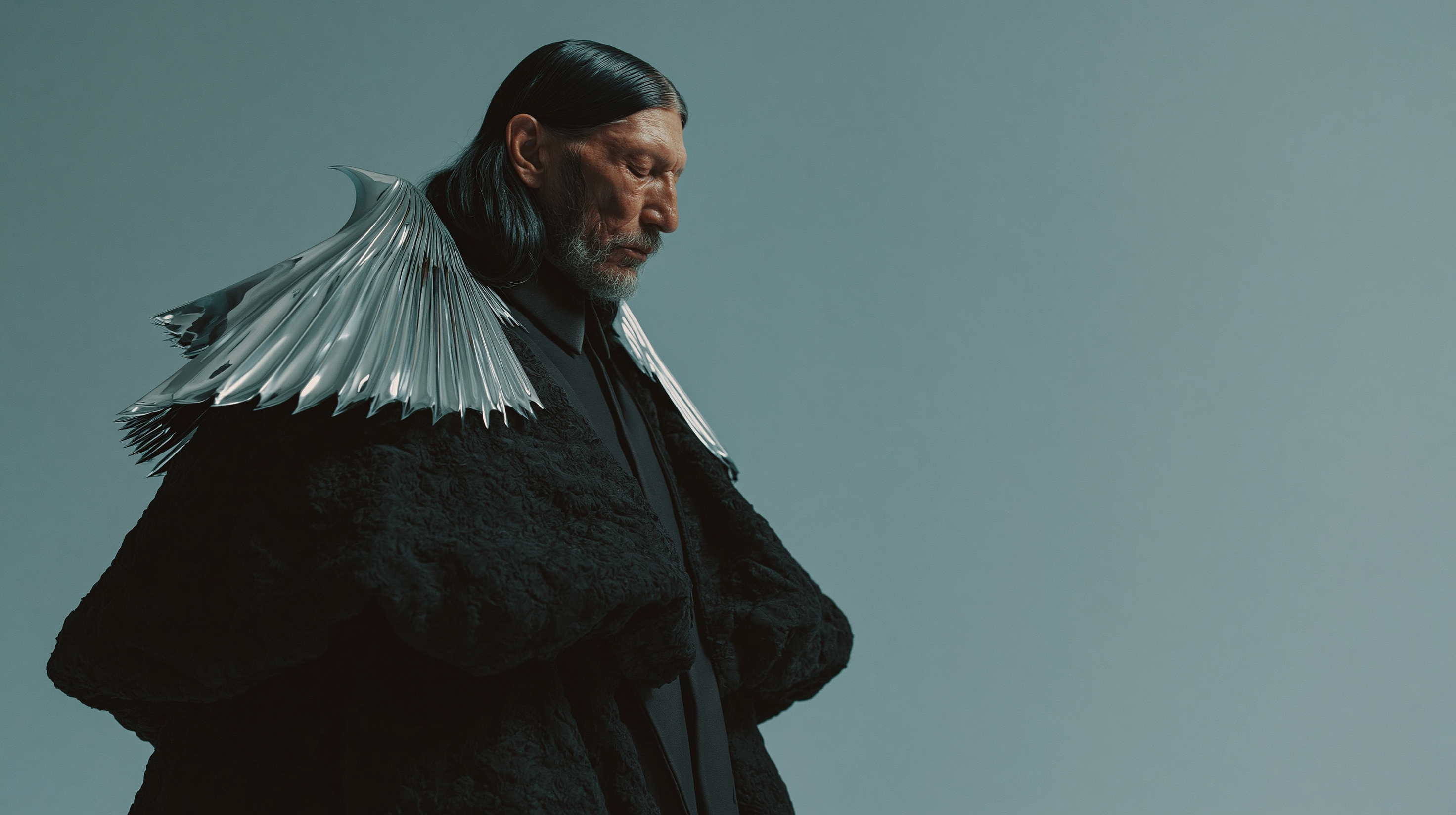 Portrait of a male Council member in black ceremonial clothing with a sculptural silver collar.
