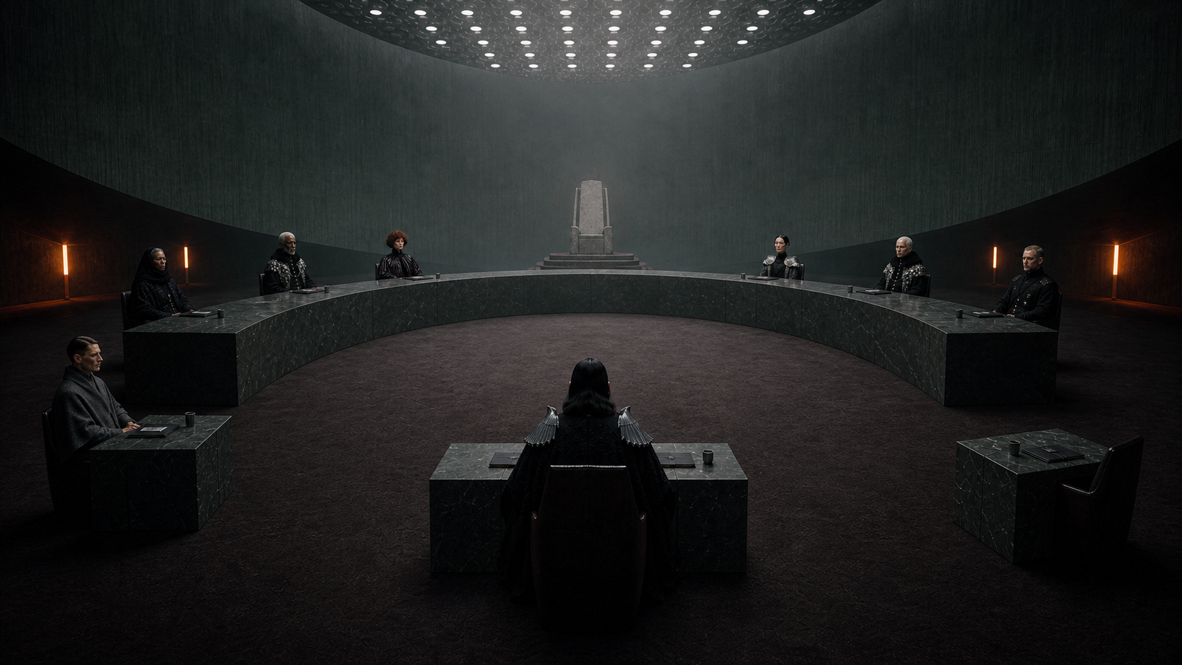 Wide final still of the seven-seat Council arranged around a curved dark chamber beneath a circular ceiling light.