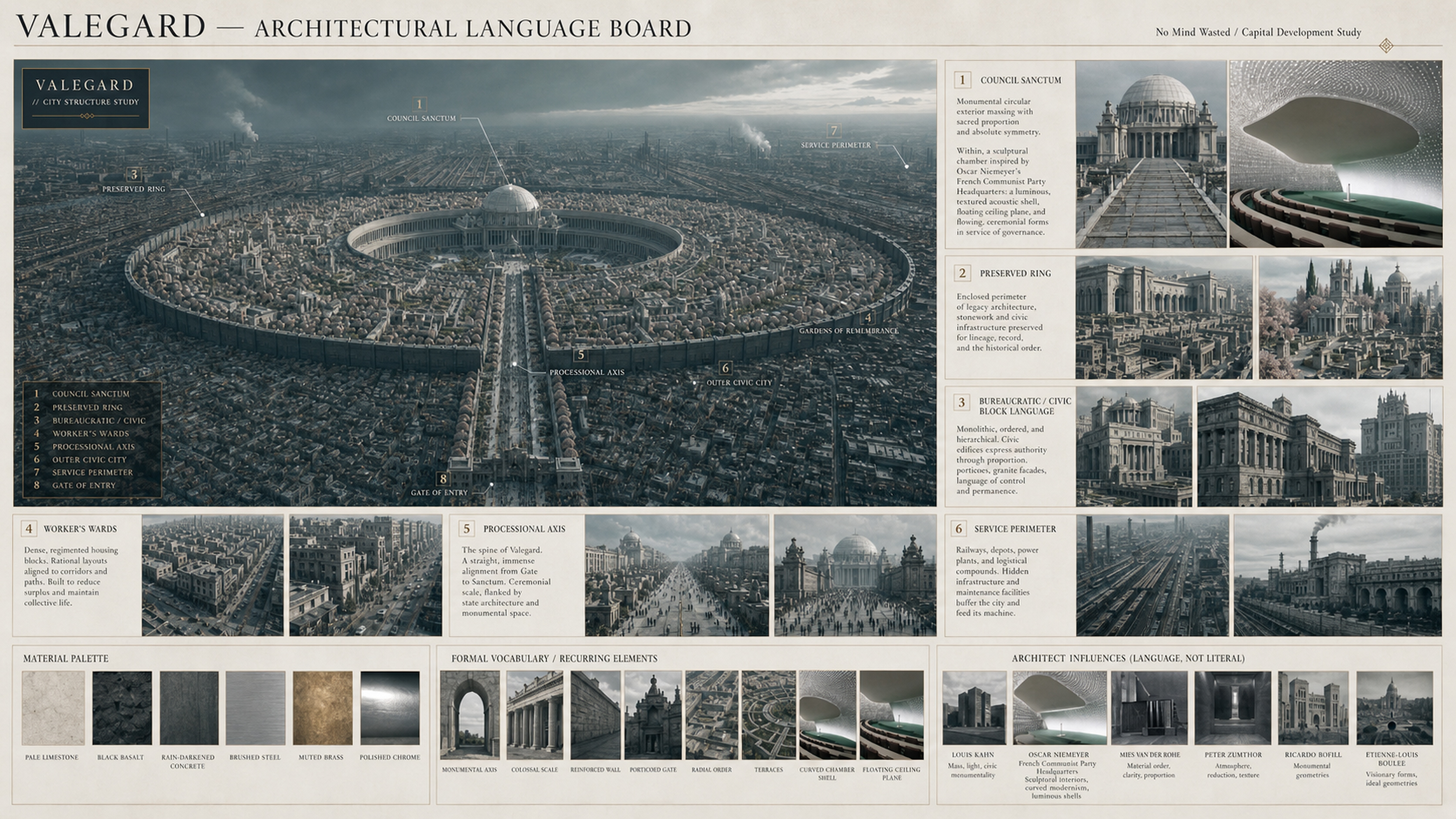 Valguard architectural language board combining an aerial city plan, civic interiors, monumental references, material studies and design notes.