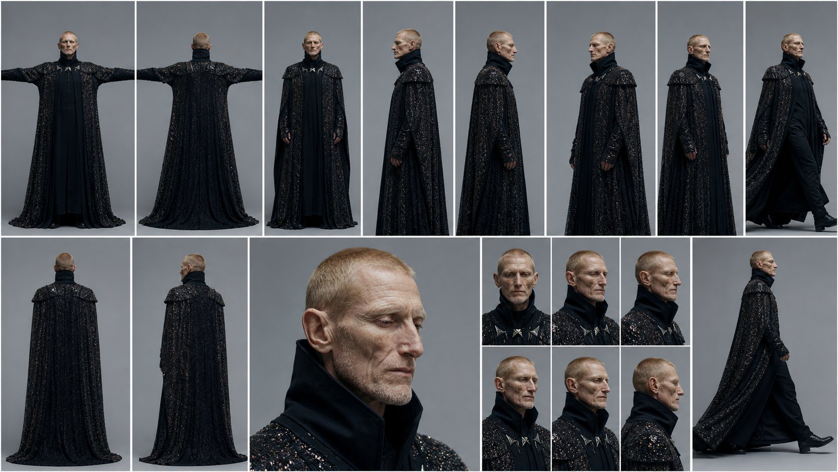 Character sheet showing full-body, profile and close portrait views of a stern Council figure in a long black ceremonial robe.