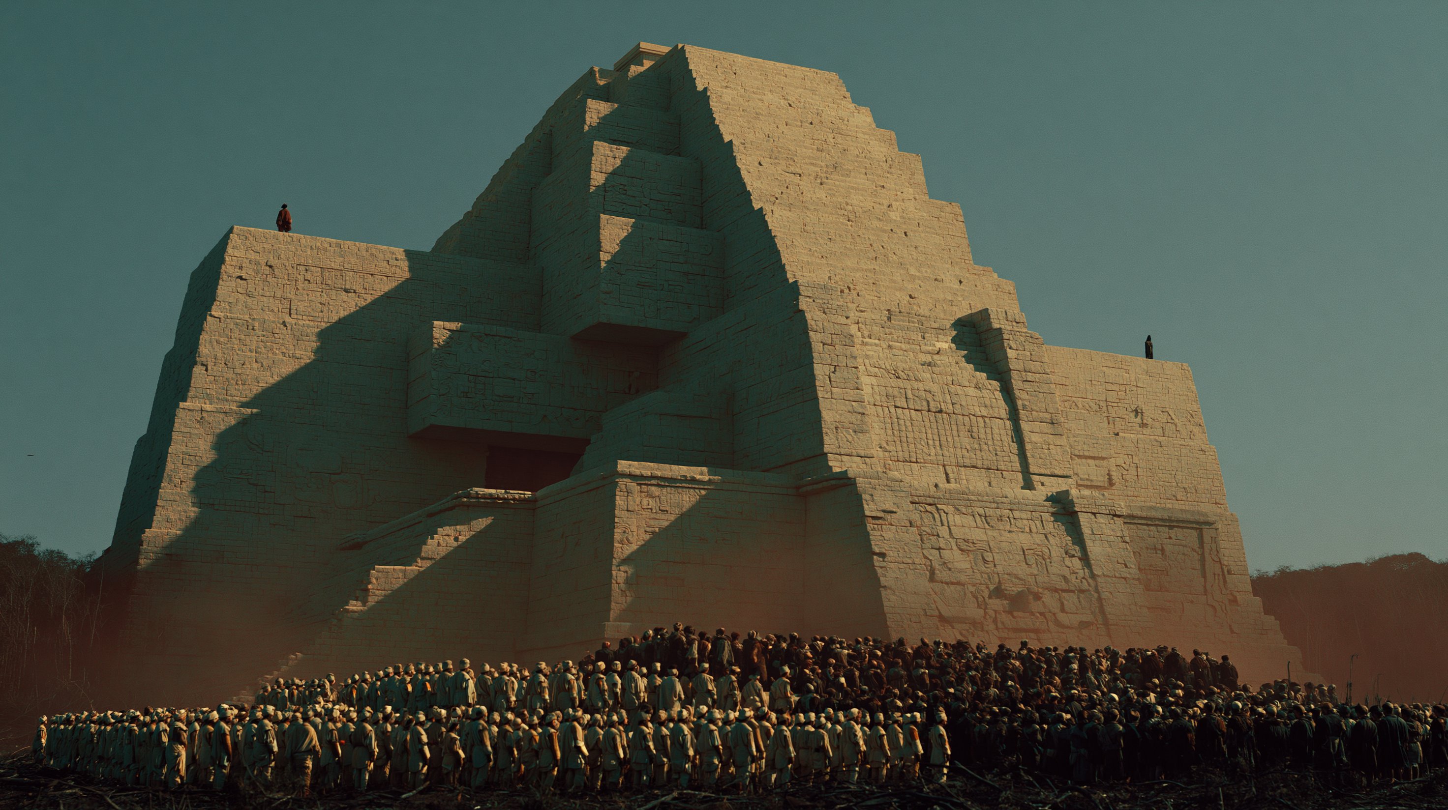 A monumental stepped pyramid rises above the jungle while a large ordered crowd gathers at its base.
