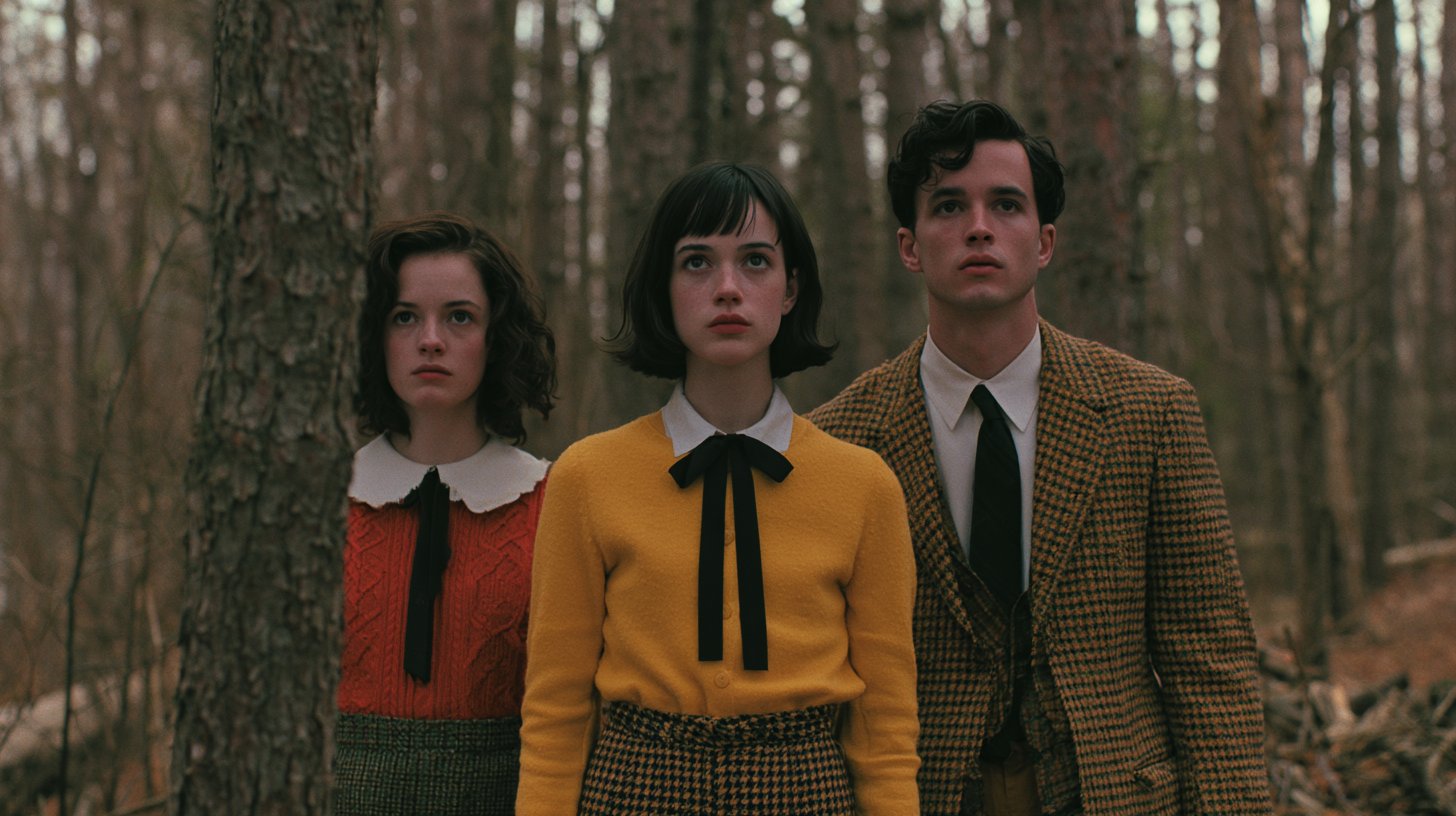 Original Midjourney v8.2 frame showing three smartly dressed young people staring upwards in a pine forest.