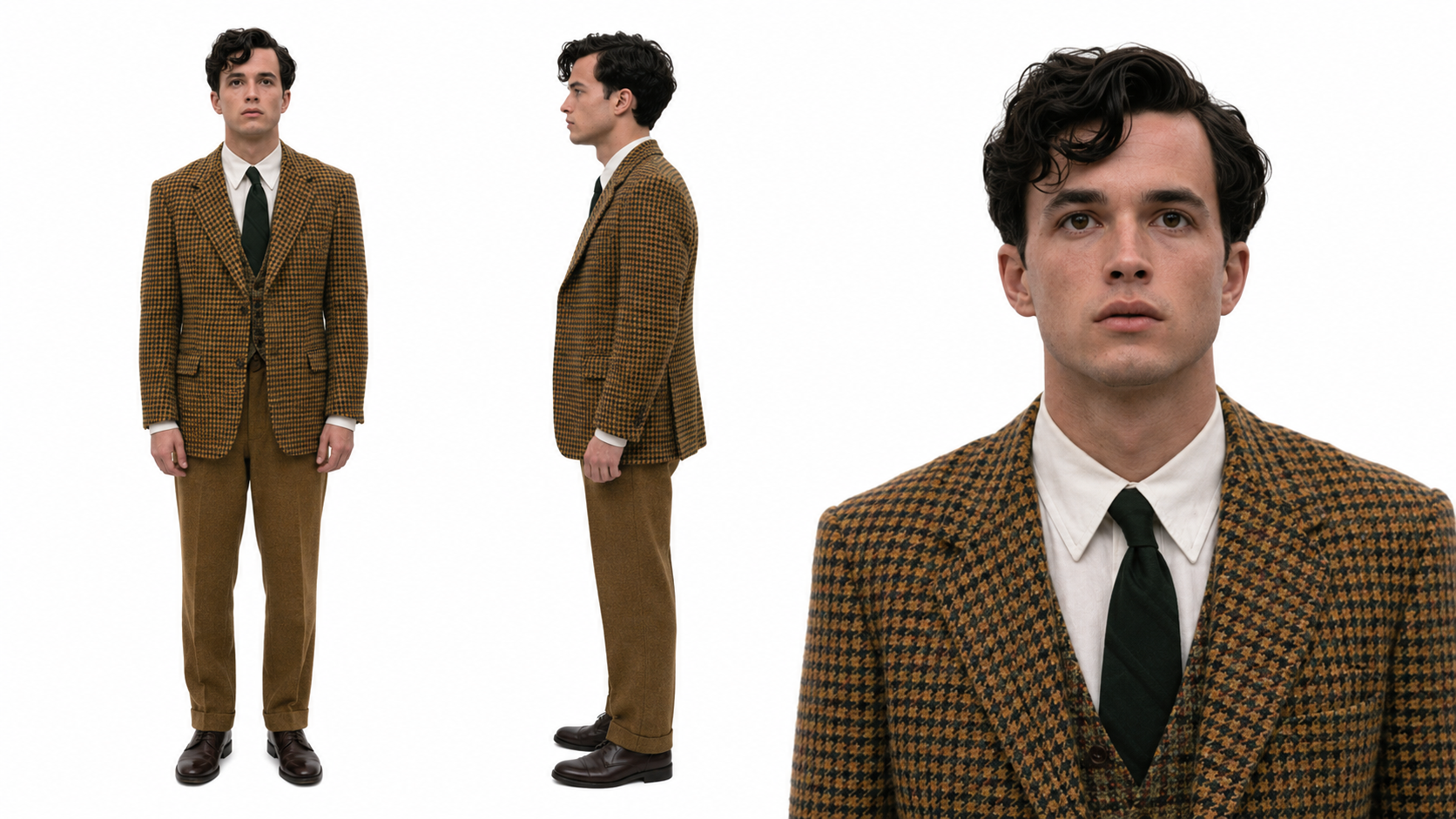 Character sheet showing front, profile and close portrait views of the young man in a brown houndstooth suit.