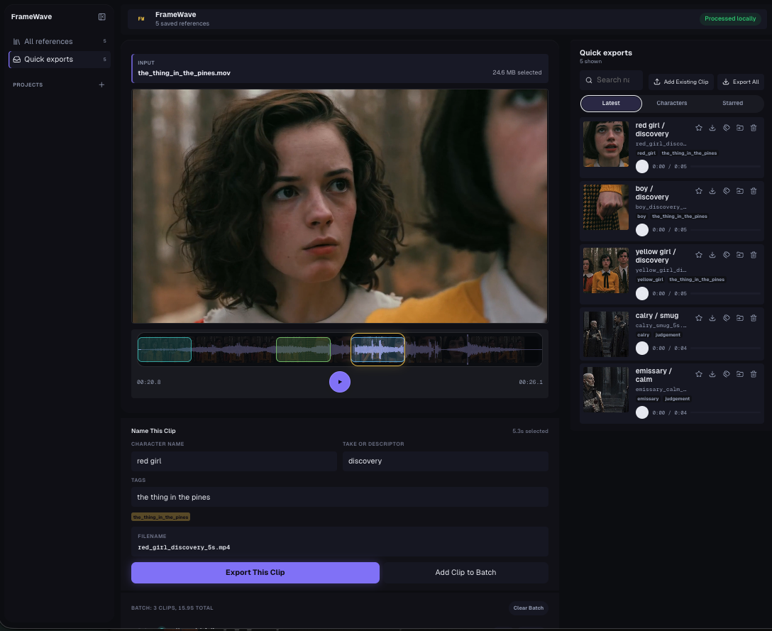 FrameWave interface with a film timeline, named voice-reference clips, quick exports and a batch export workflow.
