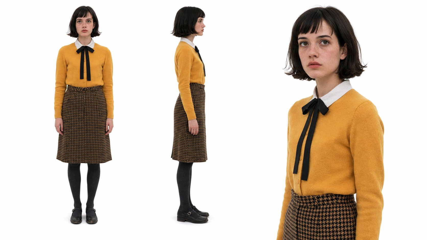 Character sheet showing front, profile and close portrait views of the young woman in a mustard jumper and checked skirt.