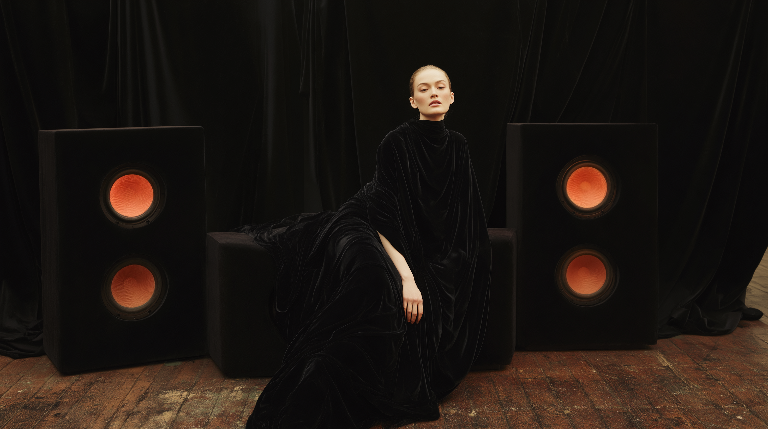 A model in black velvet sits between two black tower speakers with glowing orange drivers against a black draped backdrop.