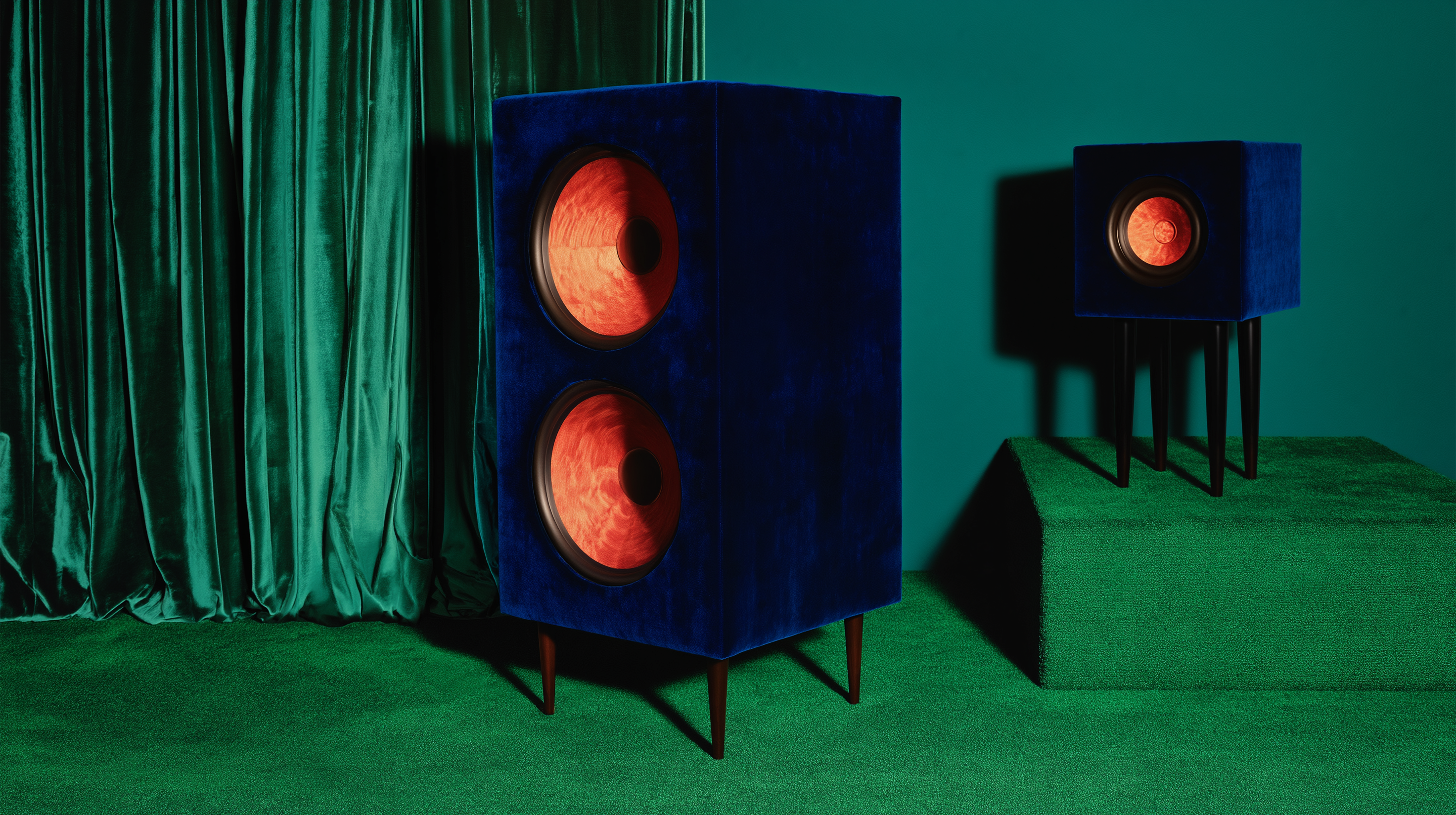 A cobalt velvet tower speaker and matching monitor speaker with glowing coral drivers stand on a teal and green studio set.