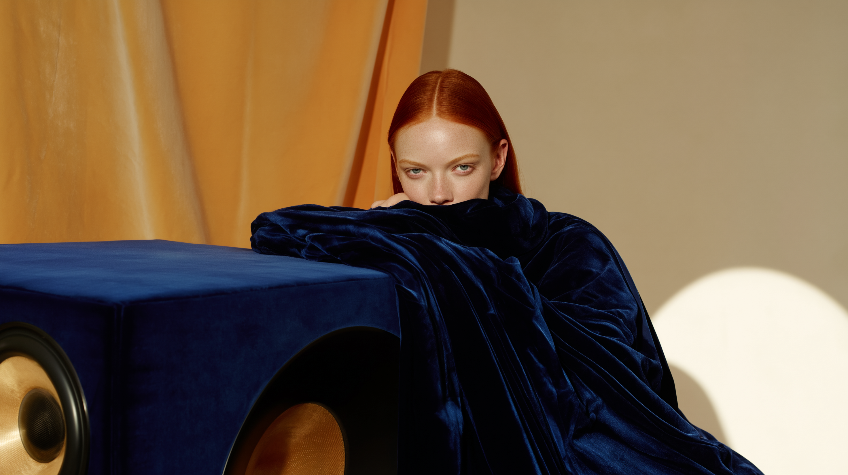 A red-haired model leans into a cobalt velvet speaker with gold drivers in an amber studio setting.