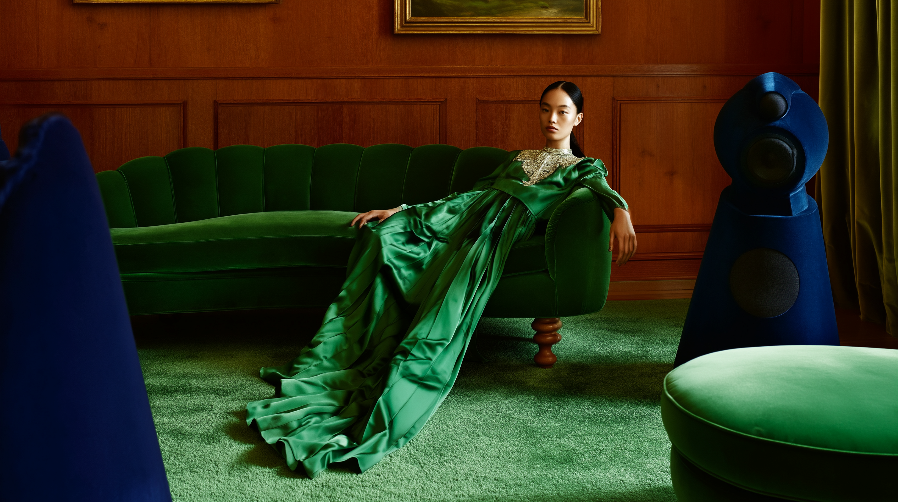 A model in an emerald satin gown reclines on a green velvet sofa beside sculptural cobalt speakers in a wood-panelled room.