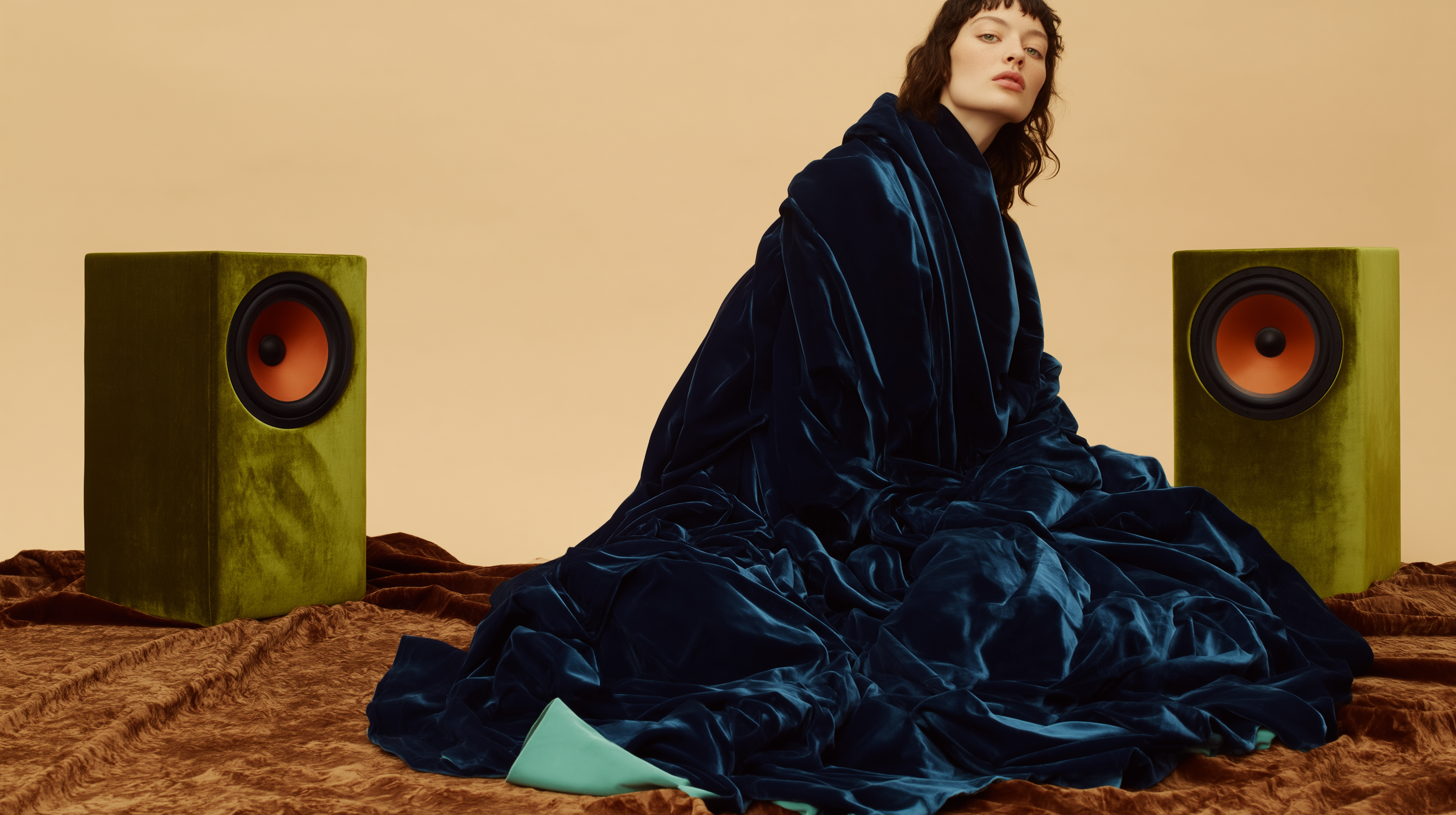 A model wrapped in deep-blue velvet sits between two moss-green single-driver speakers on a warm neutral set.