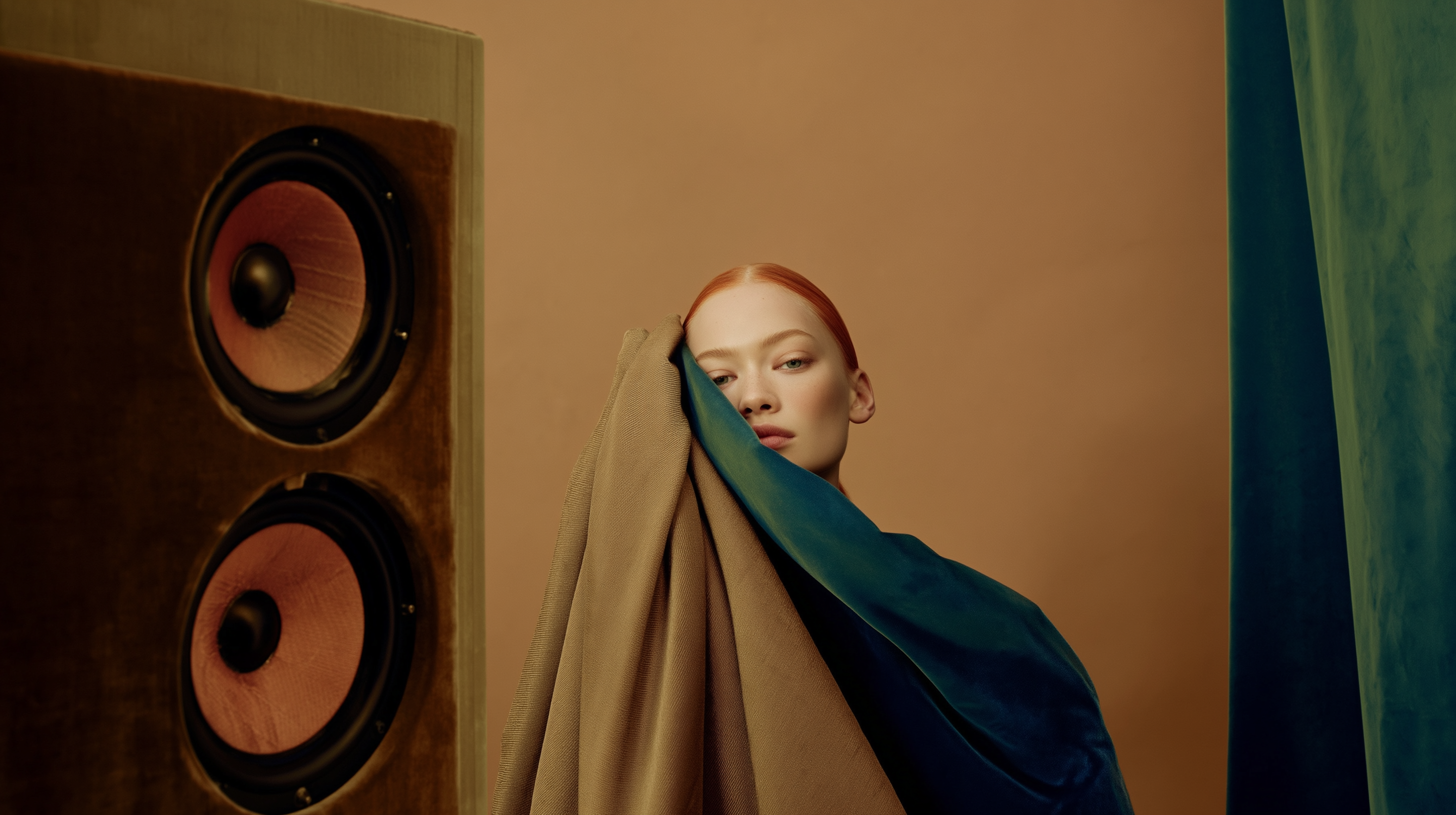 A red-haired model draped in beige and teal velvet stands beside an oversized brown velvet speaker against a warm studio backdrop.