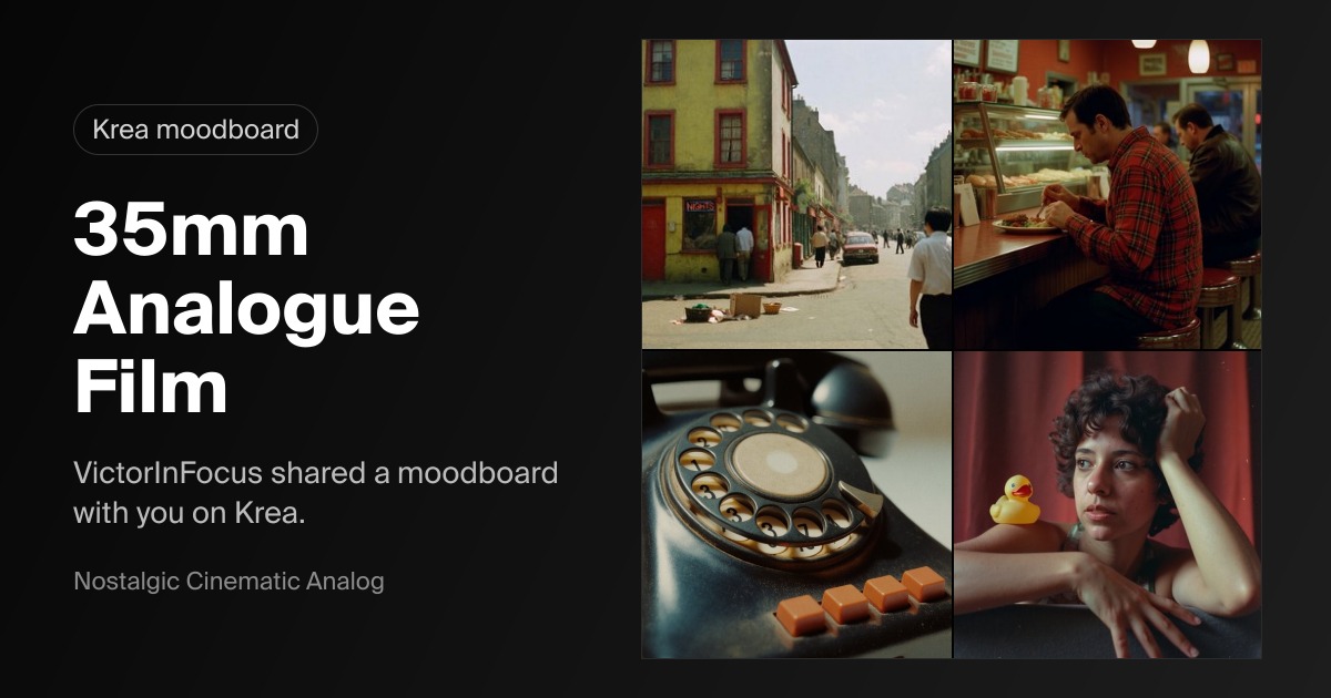 Krea 35mm Analogue Film moodboard preview with a city street, a diner counter, a rotary telephone and a woman posed beside a yellow rubber duck.