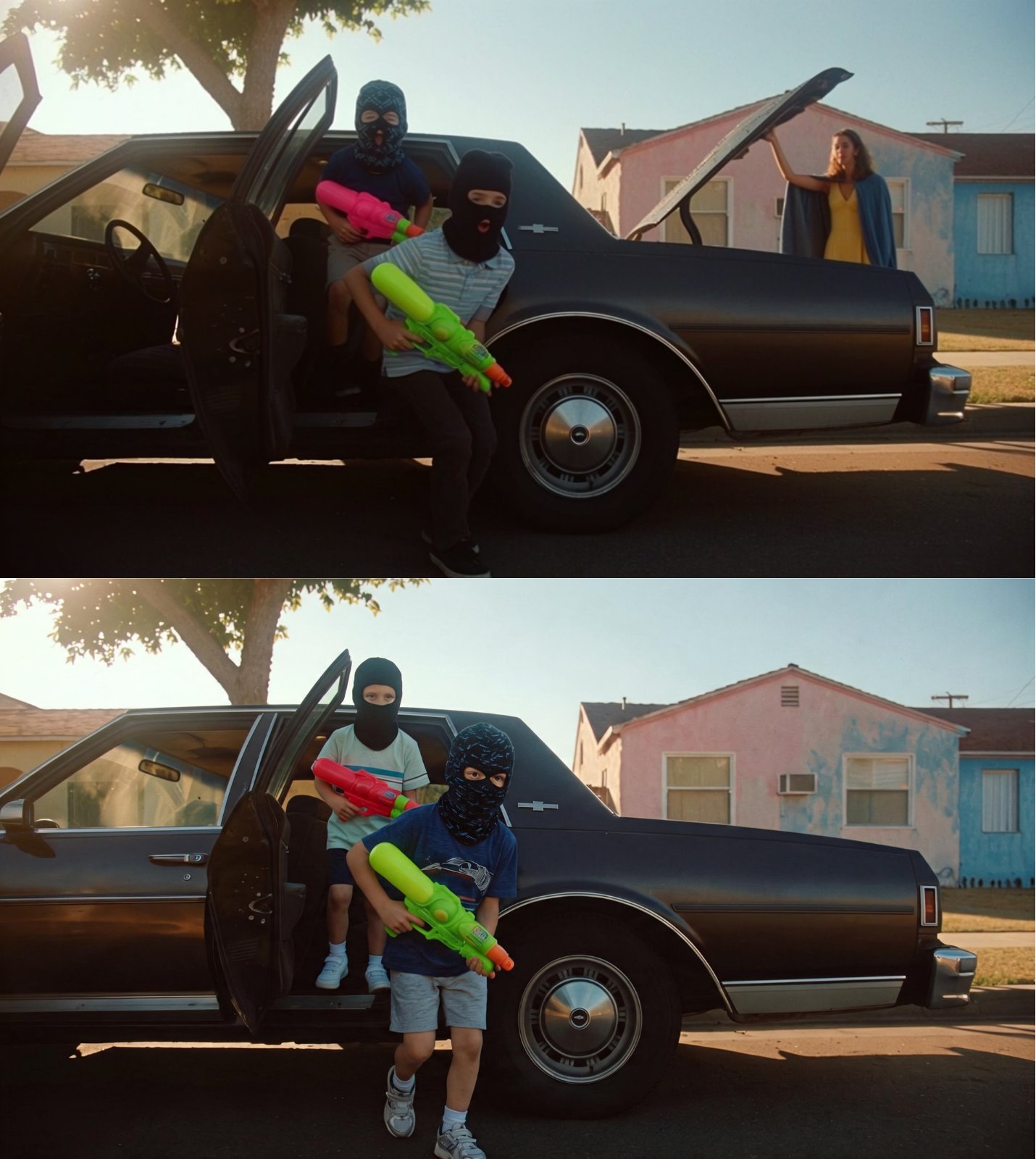 Two stacked frames comparing revised shots of the masked children stepping from a parked car with brightly coloured water guns.