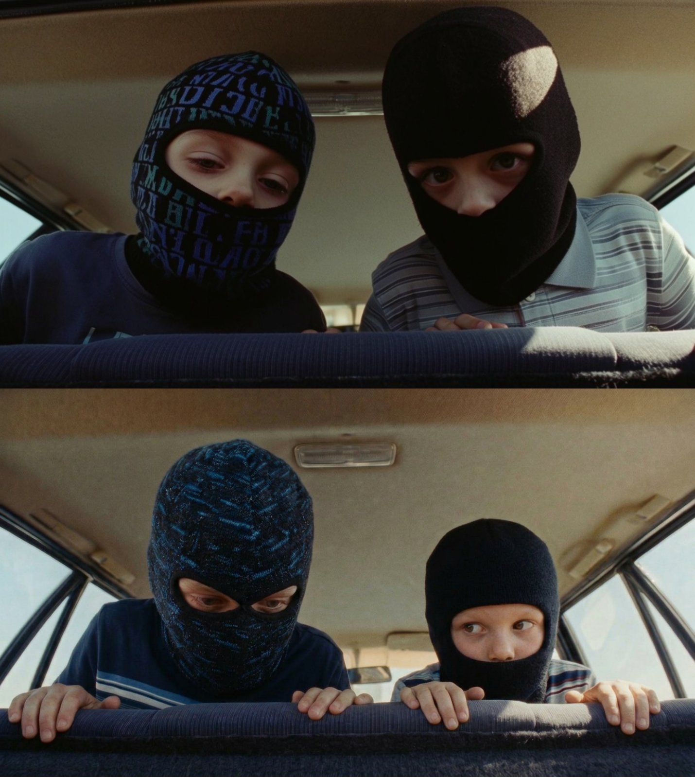 Two stacked in-car frames comparing revised shots of the masked children leaning towards the dashboard.