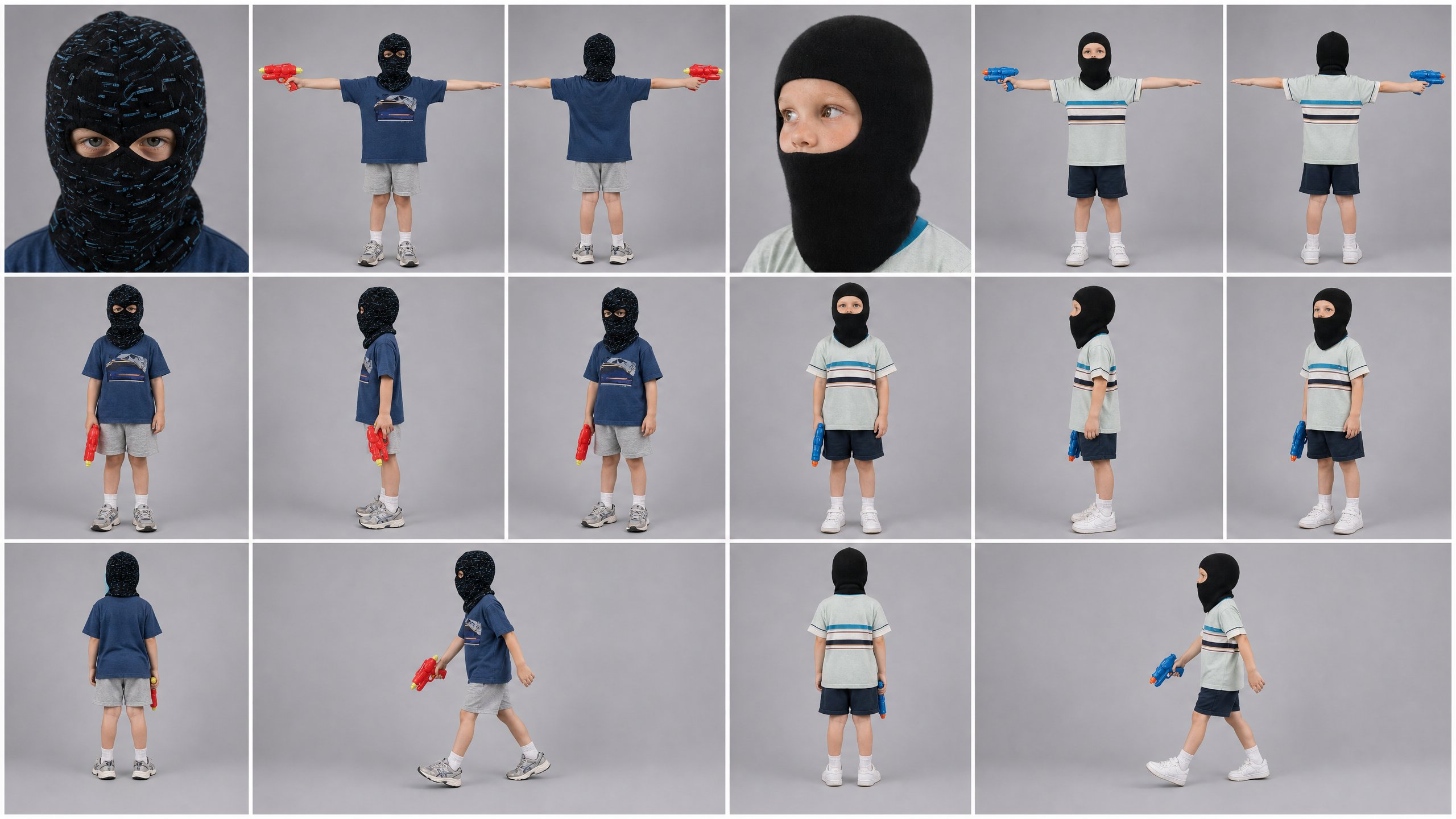 Multi-view character sheet showing the two masked children from front, side and rear, with their clothing and water-gun colours held constant.