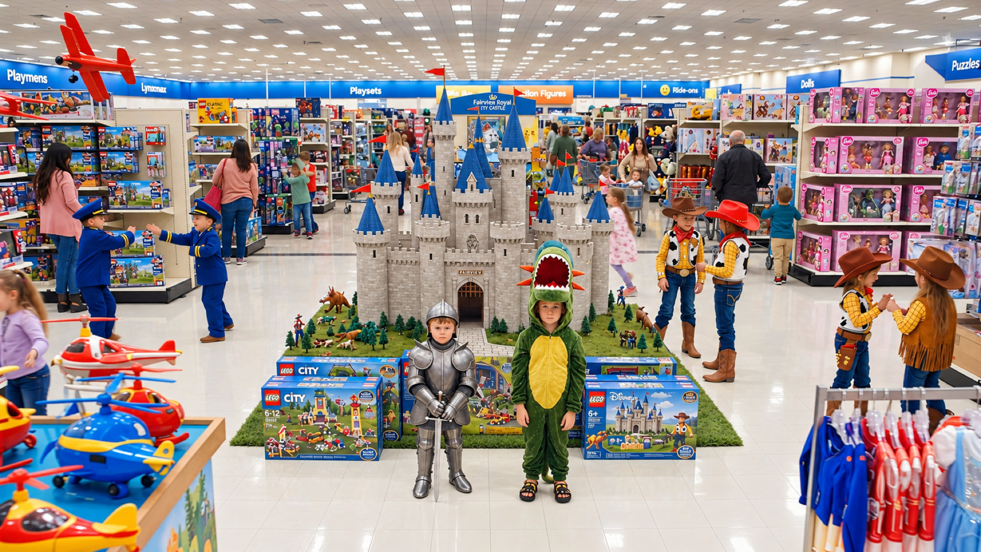 A wide view of a bright toy store: Ollie in armour and Emma in a dinosaur costume stand before a model castle, while other children play with planes and cowboy costumes around them.