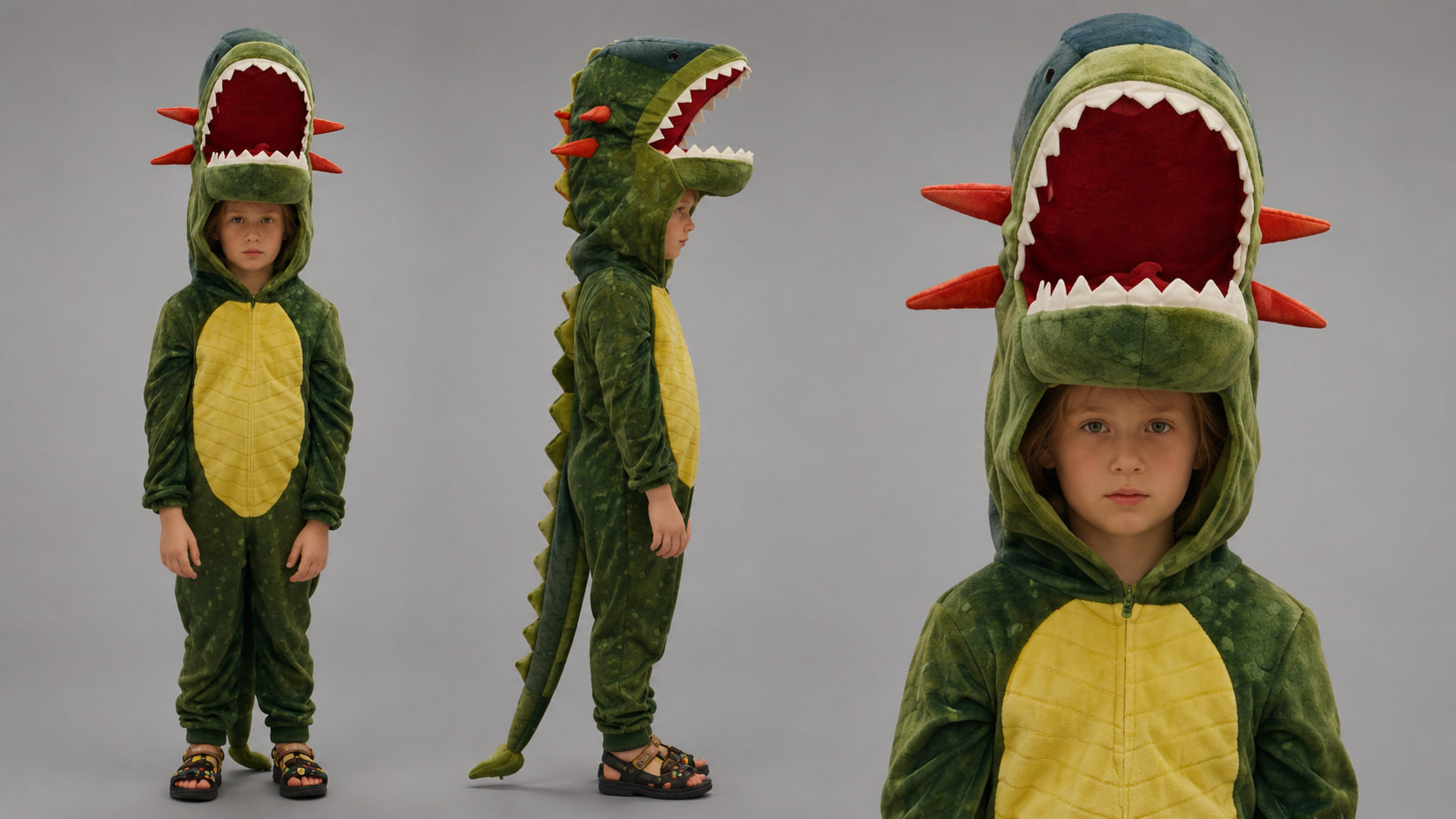 Character reference sheet for Emma, showing a green dinosaur costume from the front and side beside a close-up of her face inside the headpiece.