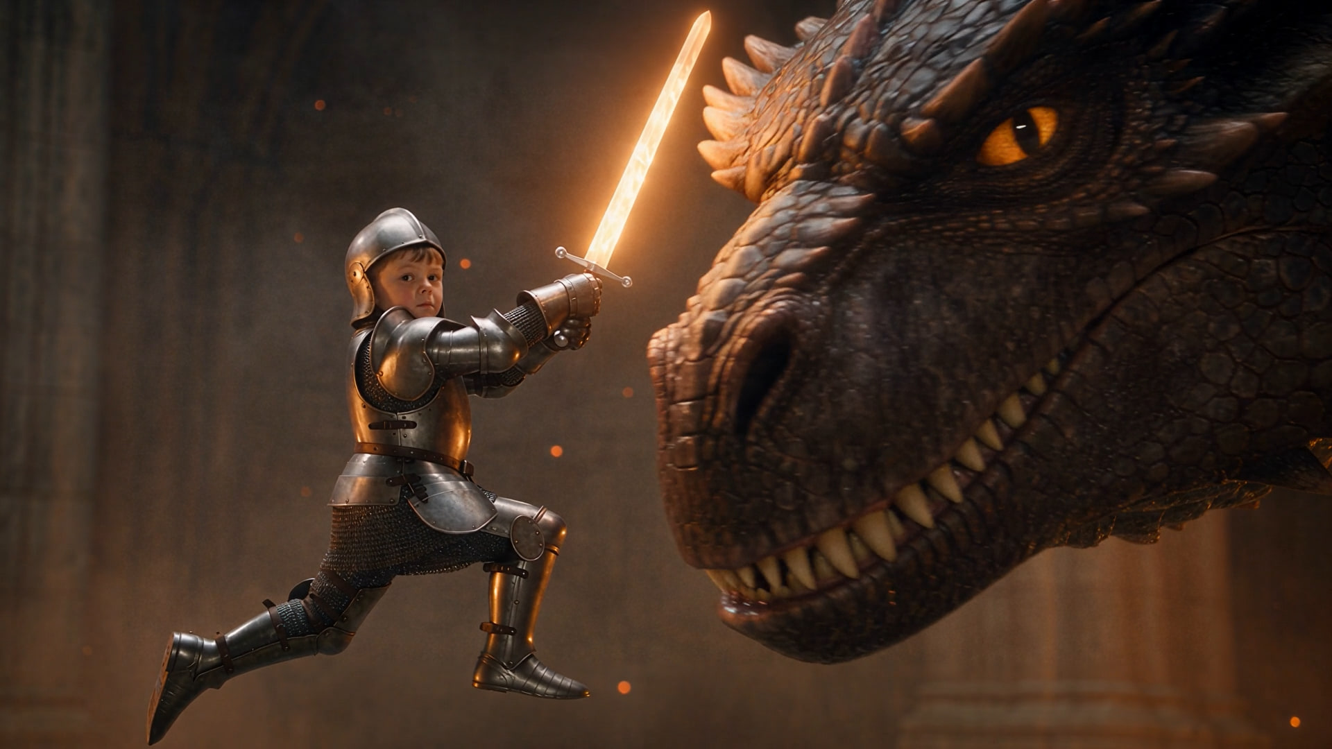 The young knight leaps towards the dragon in slow motion, his glowing sword held high.