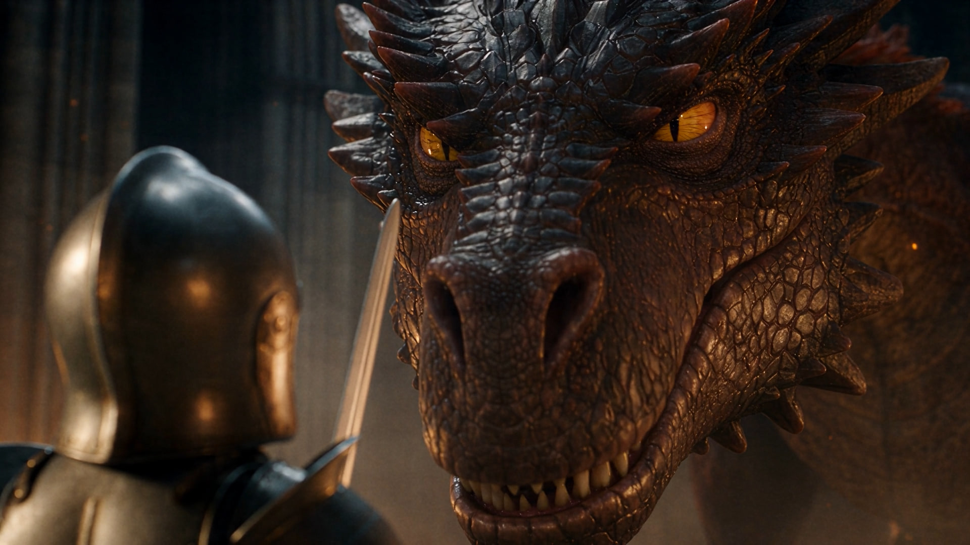 Close-up of the helmeted knight, sword raised, face to face with the dragon's snarling head.