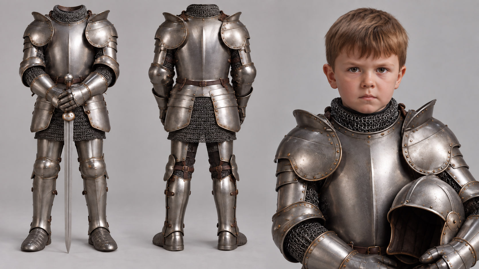 Character reference sheet for Ollie, showing a suit of steel armour from the front and back beside a portrait of the boy wearing it.
