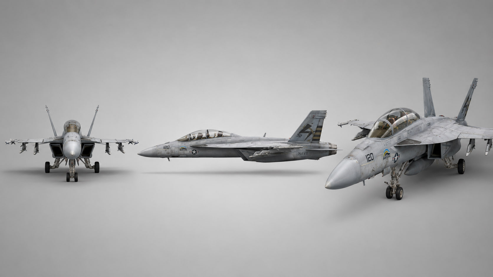 An aircraft reference sheet showing the same grey fighter jet from the front, side and three-quarter angles.