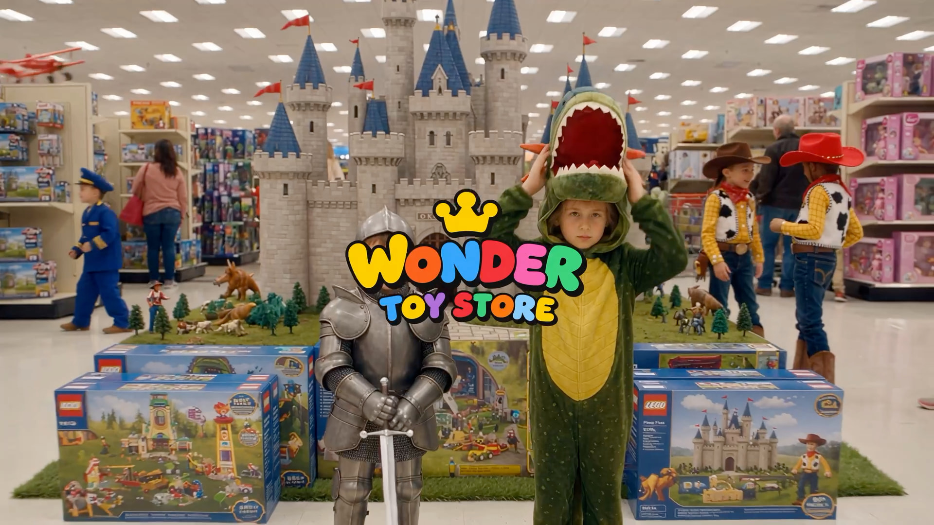 Ollie in armour and Emma lifting her dinosaur headpiece stand in the toy store with the Wonder Toy Store logo overlaid on the shot.