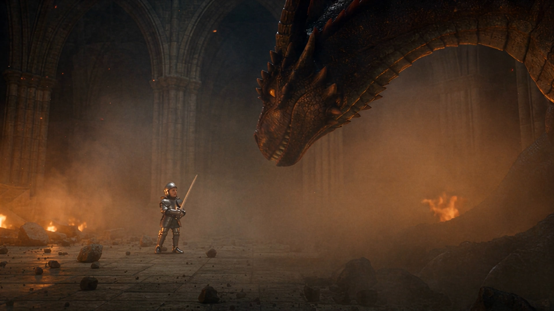 A tiny armoured knight stands in a ruined, fire-lit stone hall as an enormous dragon lowers its head towards him.