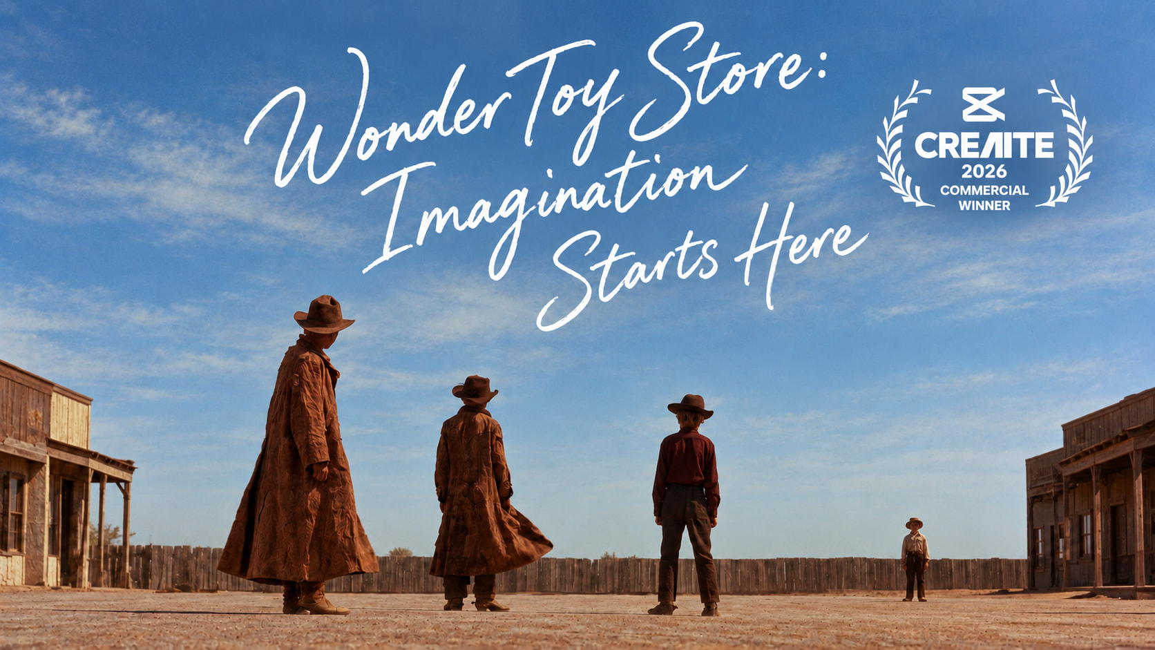 Wonder Toy Store key art: three children in long coats face one small child across a Western street under a blue sky, with the film's title and the CRE[AI]TE 2026 Commercial Winner laurel.